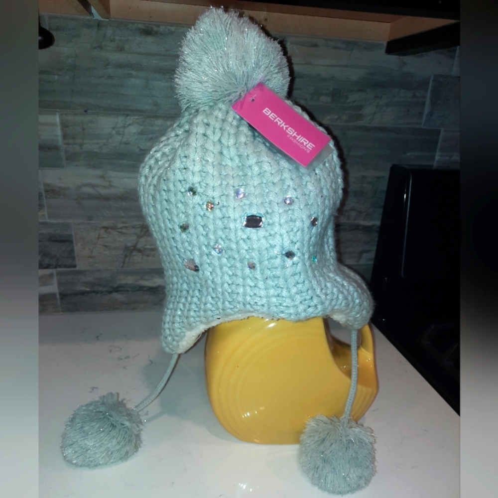 $ Berkshire NWT pom pom beanie gray with sequins & glitter, sherpa lined OSFM